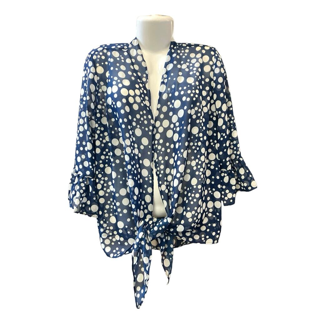 Slinky Brand Women's Blue Dots Tie Front Sheer Bell Sleeve Cardigan | Size Large